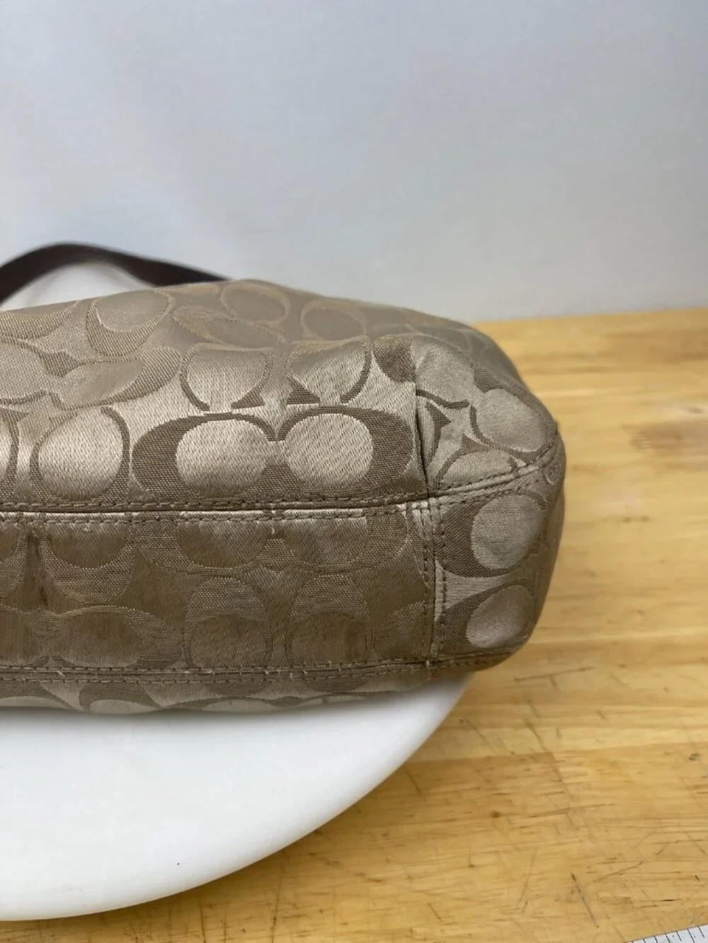 Classic older-era Coach Signature hobo bag featuring jacquard canvas and patent